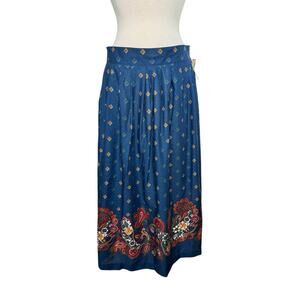 Vintage 70s 80s *NEW* Blue Paisley Pleated Secretary Midi Skirt Size 18 Diamonds